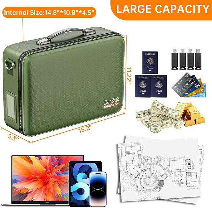 DocSafe Fireproof Document Box with Lock＆Shoulder Strap,Hard Case File Organizer with Accordion File Folder,Multi-Layer Portable Home Office Travel Safe Storage for Important Documents Laptop Green
