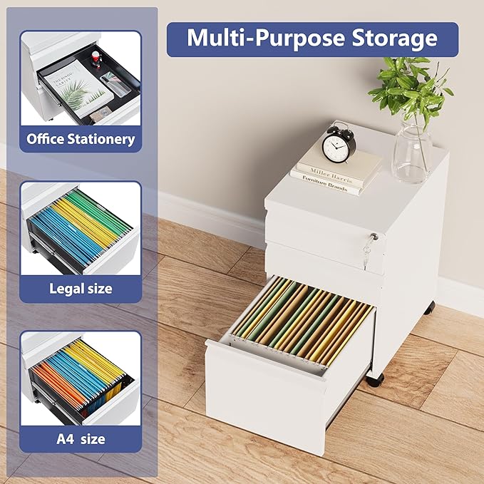 Rolling File Cabinet with Lock, 3 Drawer Metal Mobile Filing Cabinet for Legal/Letter Size, Fully Assembled Except Casters,White