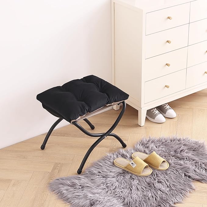 LITA 2 Pcs Folding Upholstered Footrest Stool, Modern Small Portable Accent Ottoman with Detachable Thick Cotton Cushion, Padded Sofa Stool with Metal Frame, Living Room & Bedroom,Velvet Black
