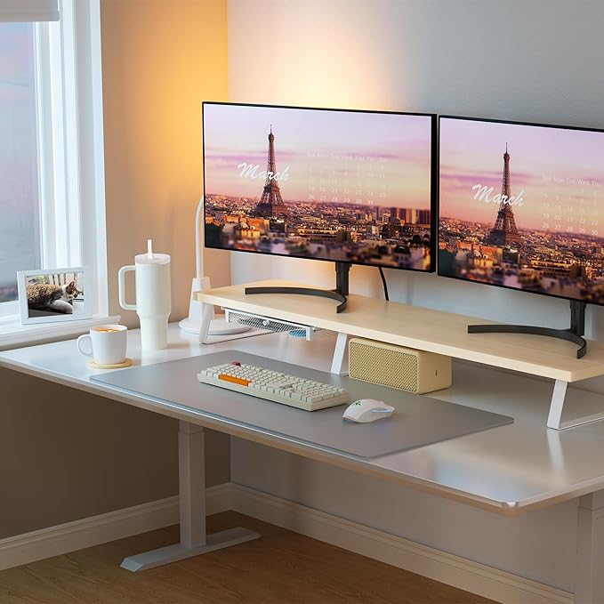 Aothia Dual Monitor Stand Riser - Monitor Stand with Drawer,Monitor Stand For 2 Monitors, Desk Shelf For Monitor with Metal Legs, Wood Monitor Stand with Storage Organize For Pc,Laptop,Screen (Oak)