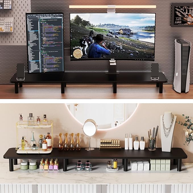 43.7" Extra Long Dual Monitor Stand Riser, Wood & Steel Monitor Stand for 2 Monitors, Wide TV Stand, Desktop Riser for Desk Organization, Home Office，Laptop,Printer,TV (Black)