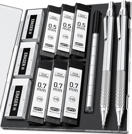 Four Candies 2PCS Metal Mechanical Pencils Set with Case, 0.5mm & 0.7 mm Artist Pencil with 6 Tubes (360PCS) HB Lead Refills, 3 Erasers,9 Eraser Refills For Writing Drafting, Drawing, Silver