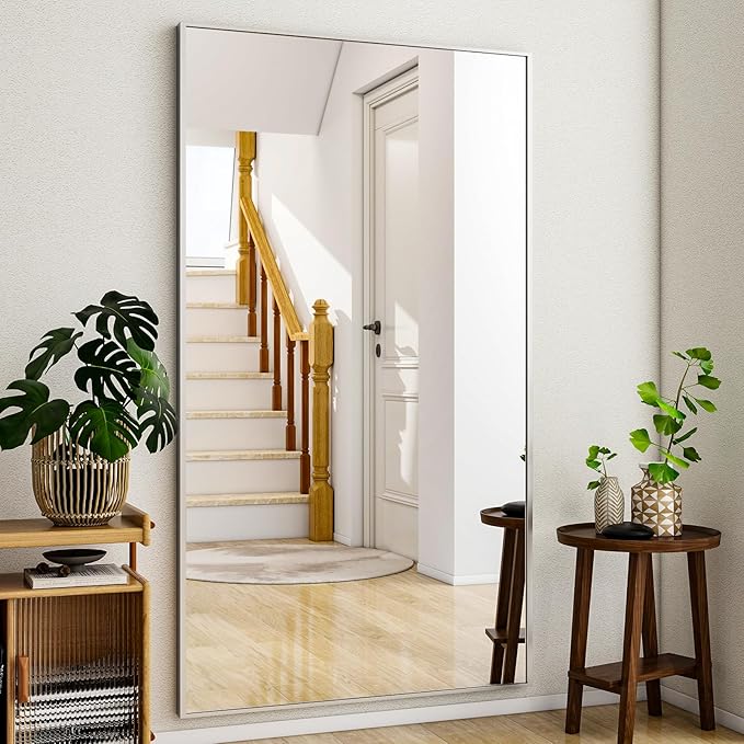Full Length Mirror with Stand 38"x77" Full Body Mirror Floor Mirror Standing Hanging or Leaning Wall, Wall Mirror with Stand Aluminum Alloy Frame for Living Room Bedroom Cloakroom,Silver