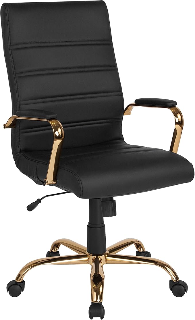 Flash Furniture Whitney High-Back Swivel LeatherSoft Desk Chair with Padded Seat and Armrests, Adjustable Height Padded Office Chair, Black/Gold
