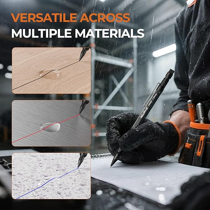 Nicpro 1.3mm Mechanical Pencil Set in Leather Bag with Lead Refill Black & Colors, Erasers- Weatherproof Metal Heavy Duty Carpenter Pencil & Spiral Notebook for Outdoor Drafting Marking Drawing