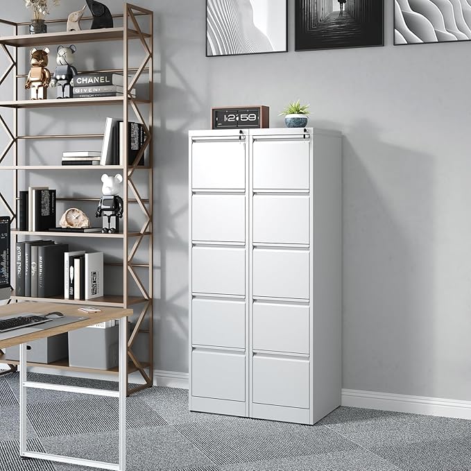 Metal File Cabinet 5 Drawers, Vertical Filing Cabinet for Home Office, File Cabinets with Lock for Legal/Letter Size Hanging File Folders, (White)