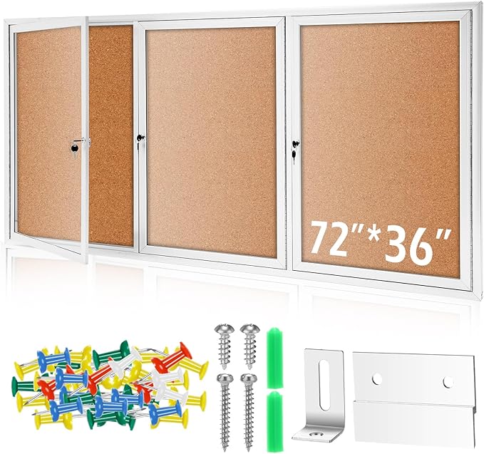 72" x 36" Enclosed Bulletin Board Outdoor 3 Door Weatherproof Tamper-Proof Enclosed Cork Board with Lock Aluminum Frame Display Case for Back to School, Office Commercial, 18xA4(Wood Color)