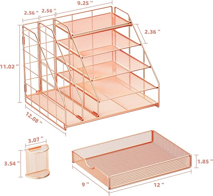 Marbrasse Desk Organizer with File Holder, 5-Tier Desk Organizers and Accessories with Drawer and 2 Pen Holder, Mesh Paper Letter Tray, Desktop Organizer and Storage for Office Supplies (Rose Gold)