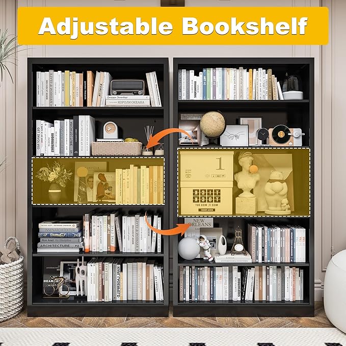 Metal Bookshelf, Adjustable Bookshelves and Bookcases, 5 Shelf Bookcase with Backboard, Black Book Shelf Book Cases for Office, Living Room, Bedroom, Home, Library