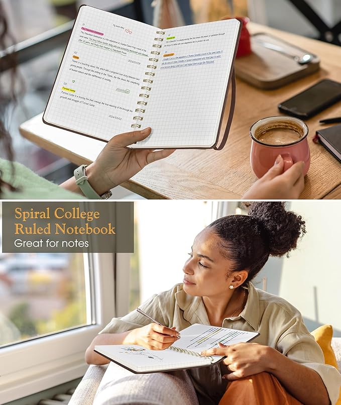 Graph Spiral Journal Notebook, A5 Hardcover Spiral Journals for Women Men, 100 GSM Graph Paper Notebooks, 150 Pages Spiral Bound Grid Notebook for Writing Note Taking Work 5.75" x 8.38", Dark Brown