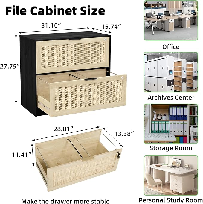 HOPUBUY 2 Drawer File Cabinet with Lock, Printer Stand Lateral Filing Cabinets for Home Office and School, Wood Rattan File Cabinet for Hanging Files/Letter/Legal/A4/F4 Size, Black
