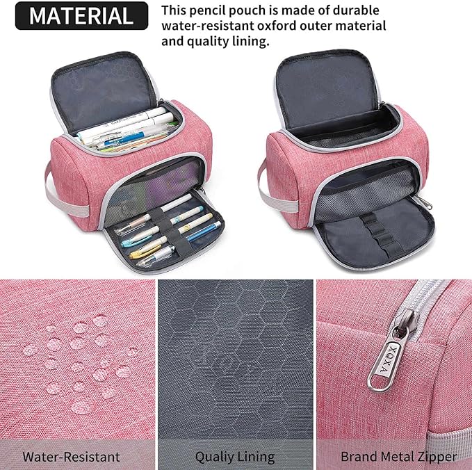 XQXA Extra Large Capacity Pencil Case Organizer, Multifunctional Pencil Pouch with Compartmens, Travel Simple Stationery Bag, Nylon Pencil Bag for Adults (Pink)