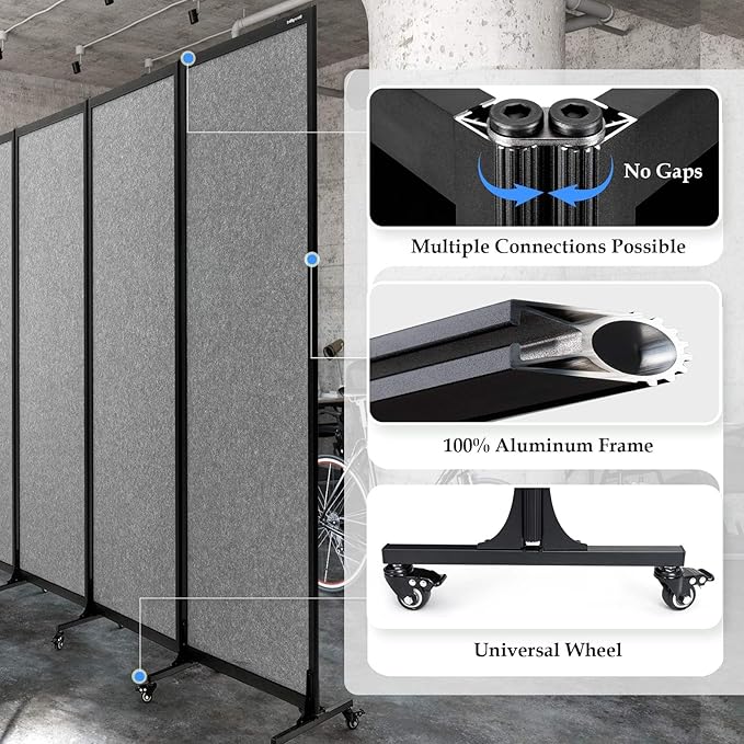 Upgrade Version Room Partition and Divider, Freestanding Rolling Dividers with Wheels,Office Privacy Screen Divider Wall,Classroom Felt Dividers,6'L* 6'7"H,3 Panel,Light Grey