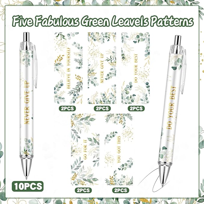 10PCS Inspirational Ballpoint Pen Green Eucalyptus Leaves Ballpoint Pen Employee Appreciation Gift Bulk Motivational Pens Black Ink Pens Set for School Teacher Office Employee Party Favors