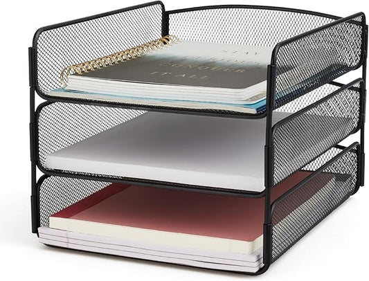 Safco Onyx Desk Organizer, 3 Trays, Office and Classroom Mailbox, Paper and Mail Sorter, Steel Mesh, Black