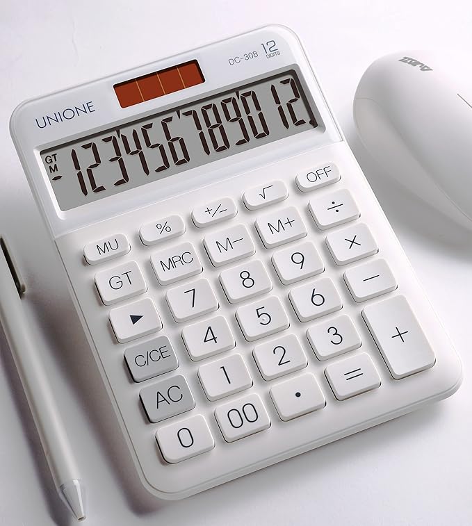 UNIONE Big Size Calculator with a Bright LCD, Dual Power Handheld Desktop. Color. Business, Office, High School 5×7in (WHITE)