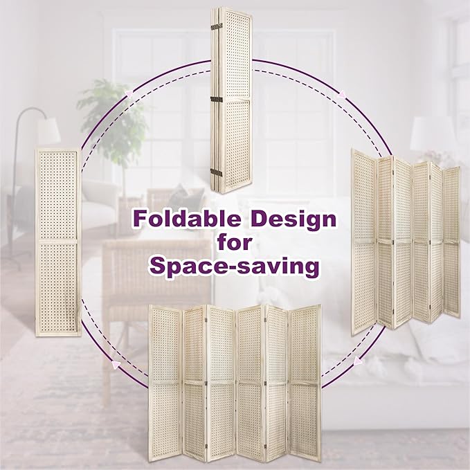 Room Divider, 5.6FT Folding Room Divider Panel, 6 Panel Pegboard Display Wood Partition Wall Divider for Room Separation& Craft Shows, Natural Wood