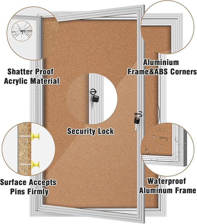 36"x24" Enclosed Bulletin Board, Outdoor Lockable Weather-Resistant Aluminum Cork Noticeboard for School & Office, Silver Frame w/Cork