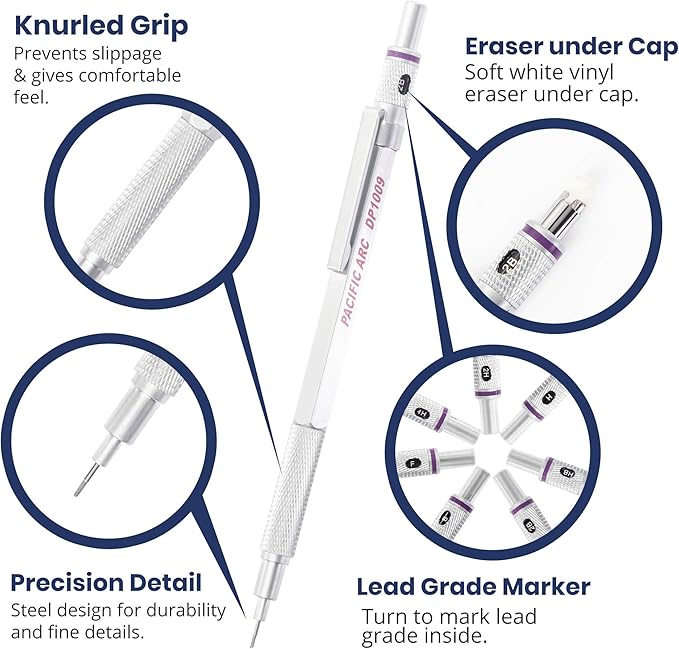 Pacific Arc Chromograph Metal Mechanical Pencil .9 mm Silver Barrel Mechanical Pencil with Built In Lead Pencil Grade Indicator, Lead Pencil Holder for Drafting, Sketching, and Drawing