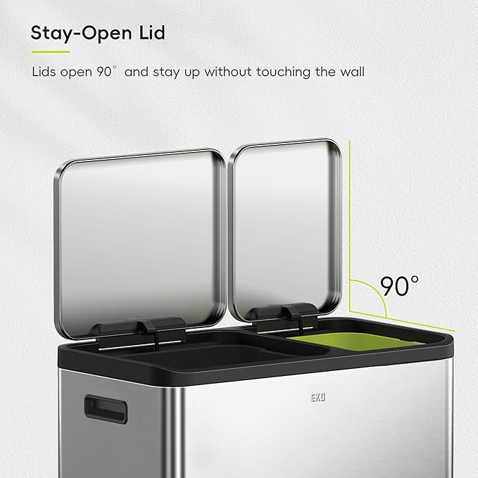 EKO EcoCasa Stainless Steel Dual Step Trash Can for Recycling, 30L+20L Rectangular Kitchen Trash Can, Independent Pedals and Lids, Soft Close and Fingerprint Resistant