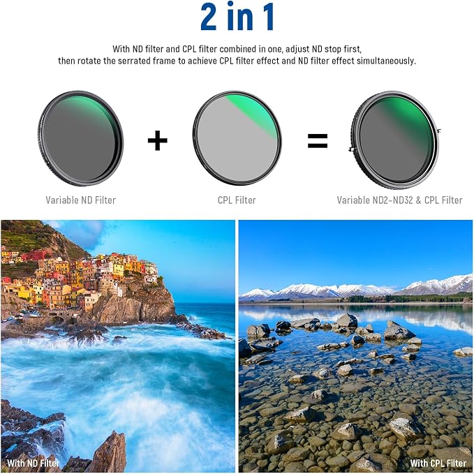 NEEWER 2 in 1 82mm Variable ND Filter ND2–ND32&CPL Filter No X Cross/30 Layer - Image 2