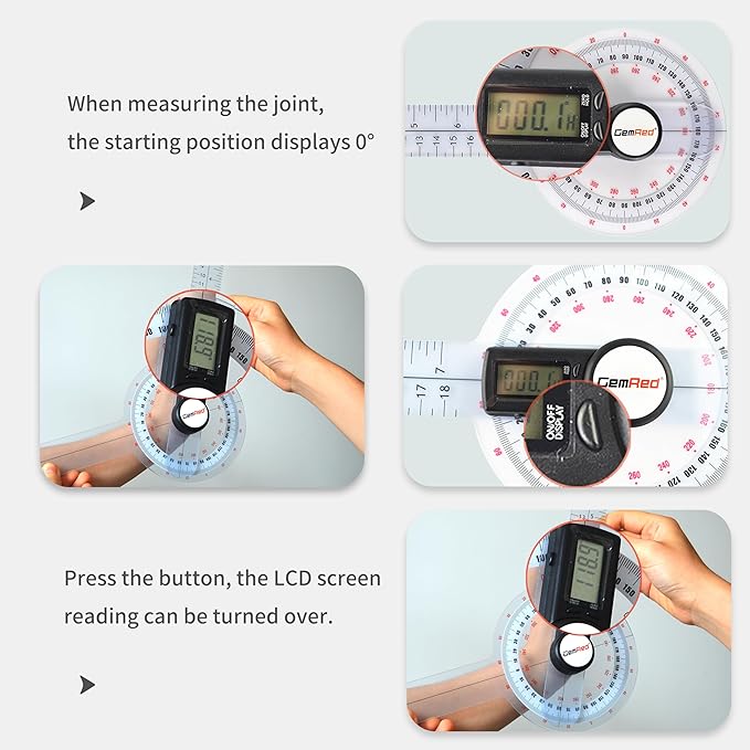 GemRed 12" Digital Goniometer 360 Degree Physical Therapy Plastic Protractor for Joint Range of Motion ROM Measurement