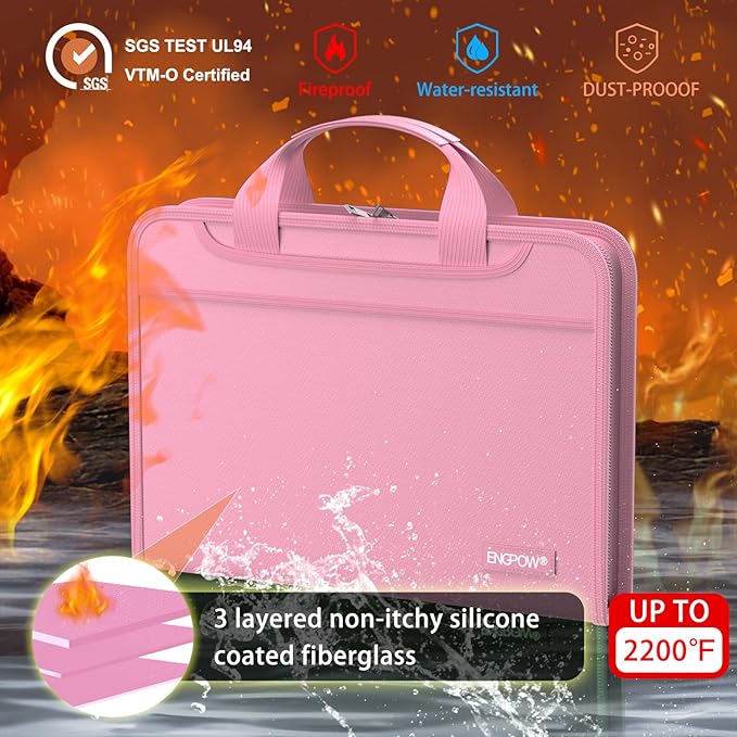 ENGPOW Accordion File Organizer,Fireproof Expanding File Folder with Multi Pockets,13 Pockets Document Organizer with Handle & Labels,Portable Home Travel Safe Storage Folder for Letter A4 Files,Pink