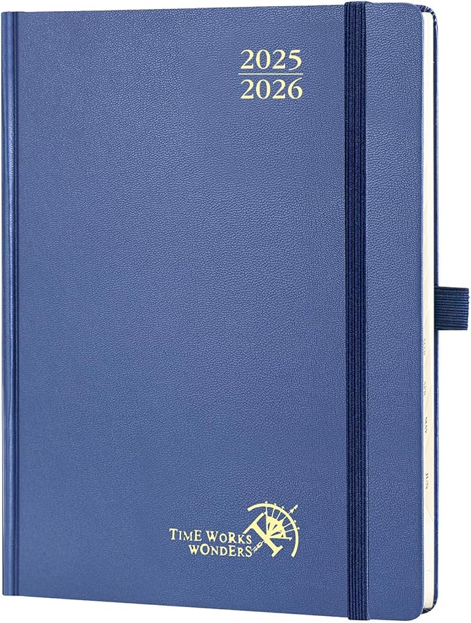 POPRUN Planner 2025-2026, (Medium 6.5'' x 8.5'' Hard Cover) Academic Calendar (July 25-June 26) Daily Weekly and Monthly Appointment Book with Hourly Time Slots, Monthly Tabs, 100 GSM - Navy Blue