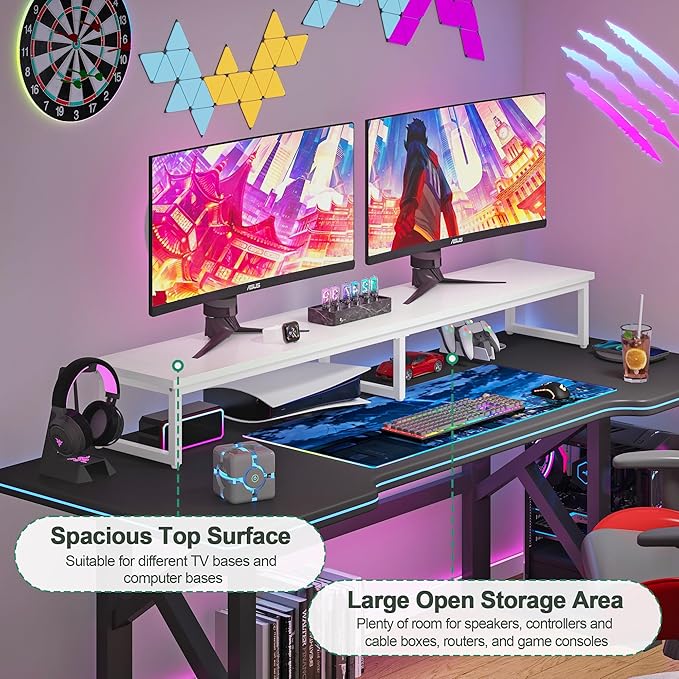 Clikuutory 59" Large TV Riser for 32-75 inch TVs, Tabletop Stand with Steel Legs, Storage & Dual - Screen Office Desk Function, Ideal for Home Office, Bedroom, Living Room, White