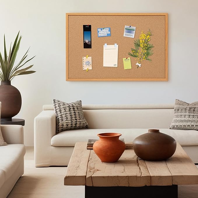 Board2by Cork Board Bulletin Board 30 x 42, Oak Framed 4x3 Corkboard, Office Board for Wall Decor, Large Wall Mounted Notice Pin Board with 15 Push Pins for School, Home & Office