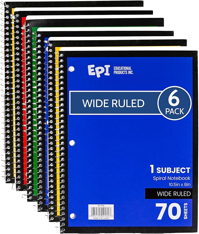EPI Spiral Notebook | Wide - 70 Sheets, Durable Spiral Binding | 10.5 x 8 in | Classroom Supplies | School, Office, Note Taking, Journaling - 6 Pack