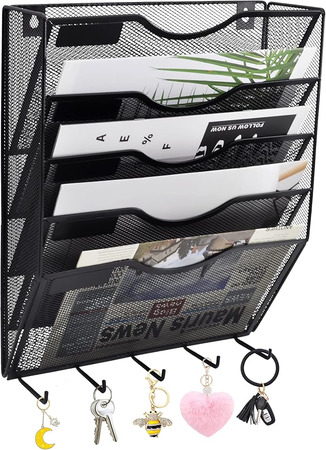 EASEPRES 5 Pocket Mesh Hanging File Organizer with Key Holder Hooks & Nametag Label, Wall Mounted Mail Paper Document Folder Storage Organization Magazine Rack for Office Cubicle, 5 Tier Black