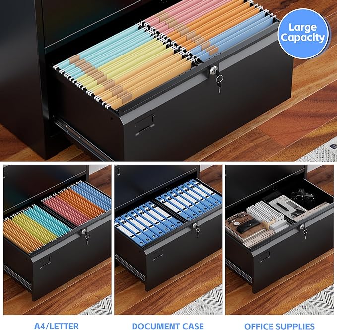 Aobabo 2 Drawer Wide Lateral File Cabinet, Metal Filing Cabinet with Lock, Suitable for Home Office School Hanging Files Letter/Legal/F4/A4 Size,Black,Required-Assembly,15.87" D x 28.94" W x 30.24" H