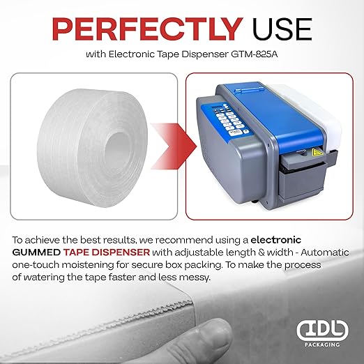 IDL Packaging 3" x 375 feet Reinforced Water-Activated Kraft Gummed Tape 70lb Thickness (Pack of 4) - Secure Paper Packing Tape for Secure Carton Sealing - Heavy-Duty for All Conditions, White