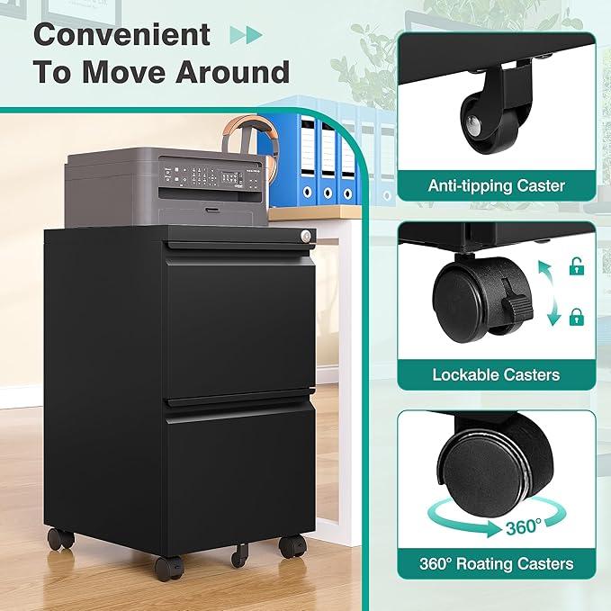 SISESOL 2 Drawer File Cabinet on Wheels,Metal Filing Cabinet with Lock,Black Rolling File Cabinets with Casters,Under Desk Office Cabinets for Home Office,Fit A4/Letter/Legal,Easy Assembly