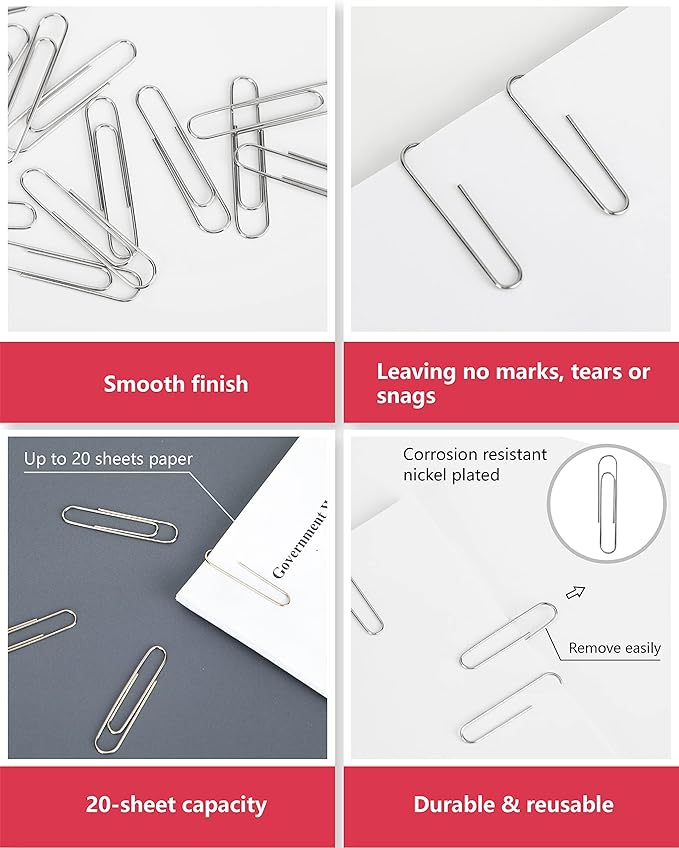 PAPERPAL Paperclips for Office School & Personal Use, Jumbo Smooth Paper Clip (2"), 300 Large Paper Clips (3 Boxes of 100 Each), Silver