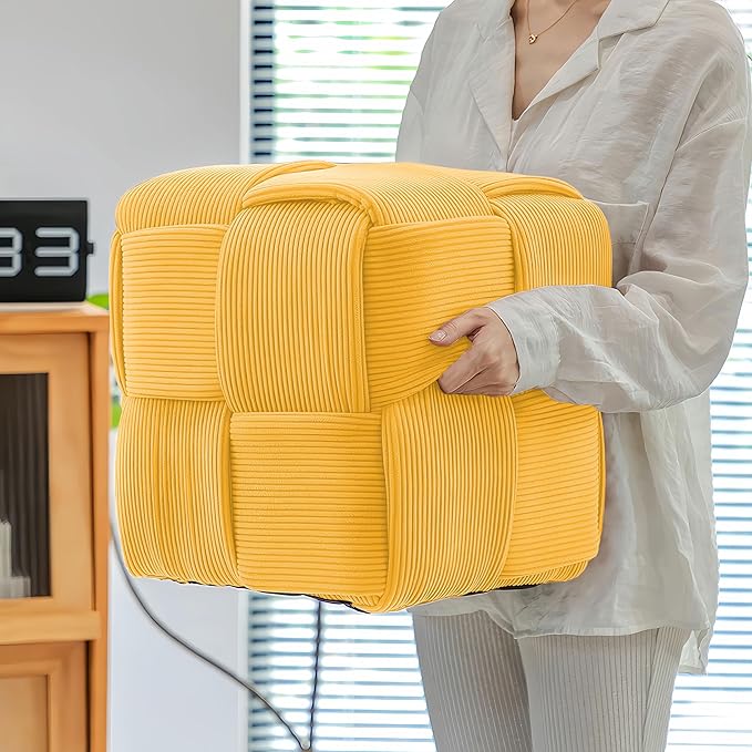 Ottoman Foot Rest Soft and Comfortable Ottoman Square Corduroy Woven Design Sofa Stool (Yellow)