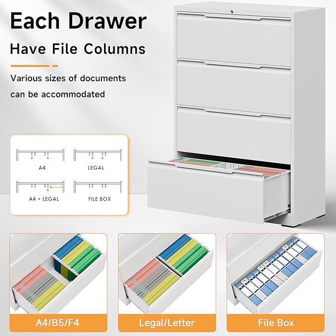 Bestoo 4 Drawer Lateral File Cabinet, Metal Lateral Filing Cabinet with Lock for Hanging Files Letter/Legal/F4/A4 Size, Easy Assemble White