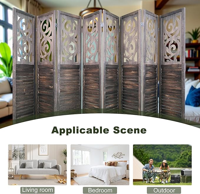 NicBex 8 Panel Room Divider 5.6FT Wood Carved Room Dividers, Folding Privacy Screens Portable Freestanding Partition Wall Dividers for Home Bedroom Office, Rustic Brown