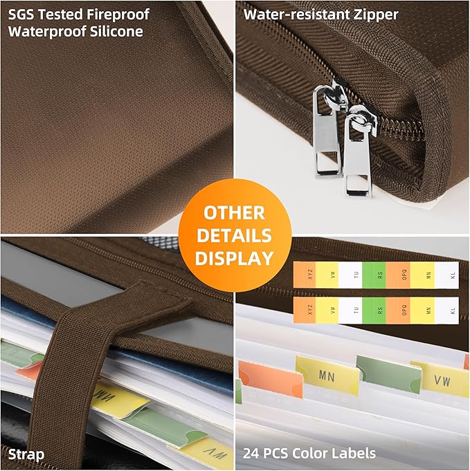 JUNDUN Accordion File Organizer - Fireproof Folder with Zipper & Labels - 12 Pocket Expanding File Folder with Multi-Pockets Paper Folder for Letter A4 Files | Receipt and More (Brown)