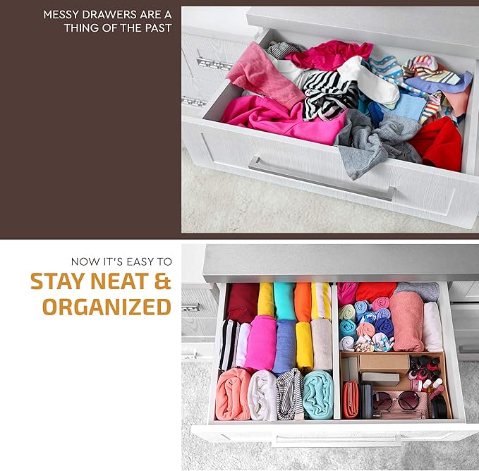 4 Pack Drawer Dividers Bamboo 2.6" High, 12.5"-17" Adjustable Drawer Organizers for Clothes, Expandable Dresser Separators in Bedroom/Bathroom/Kitchen/Office Organization and Storage (White)