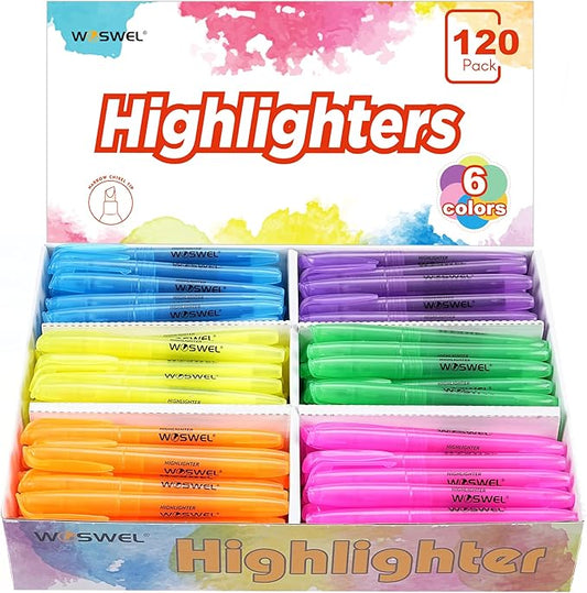 Highlighters Bulk, 120 Pack 6 Assorted Colors No Bleed Chisel Tip Highlighter Markers for Teacher Students, Classroom Must Have, School Office Supplies for Adult Kids