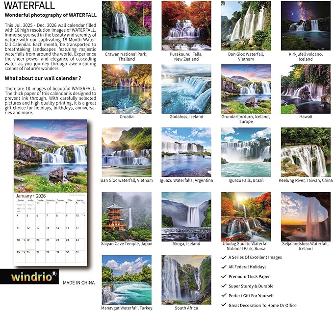 2025 Wall Calendar,Calendar 2026, July 2025 - December 2026, Wall Calendar Waterfall, 12" x 24" Opened,Full Page Months Thick & Sturdy Paper for Calendar Organizing & Planning
