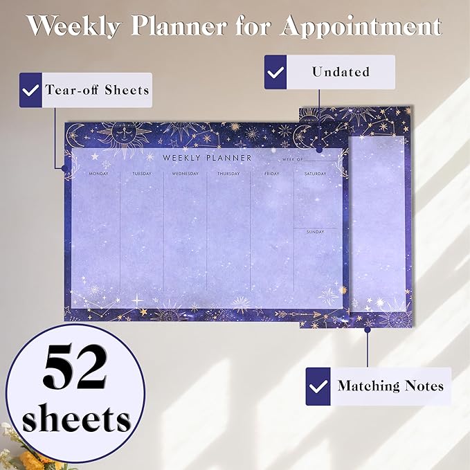 Undated Weekly Planner Notepad 10x7 To Do List Note Pad 52 Weekly Desk Planner Calendar Tear Off Daily Planning Pad for Work,School,Home,Ofiice Supplies, Matching Notepad,Purple