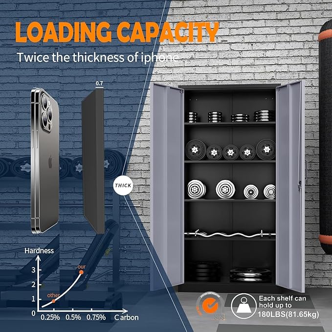 Yizosh Metal Garage Storage Cabinet with 2 Doors and 5 Adjustable Shelves - 71" Steel Lockable File Cabinet,Locking Tool Cabinets for Office,Home,Garage,Gym,School (Gray Black)