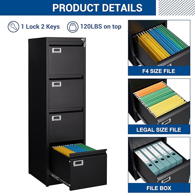 File Cabinet - 4 Drawers Vertical 17.8" Deep Lockable Filing Cabinet Black Metal Storage Cabinets for Home Office to Hanging Files Letter/Legal/F4/A4 Size
