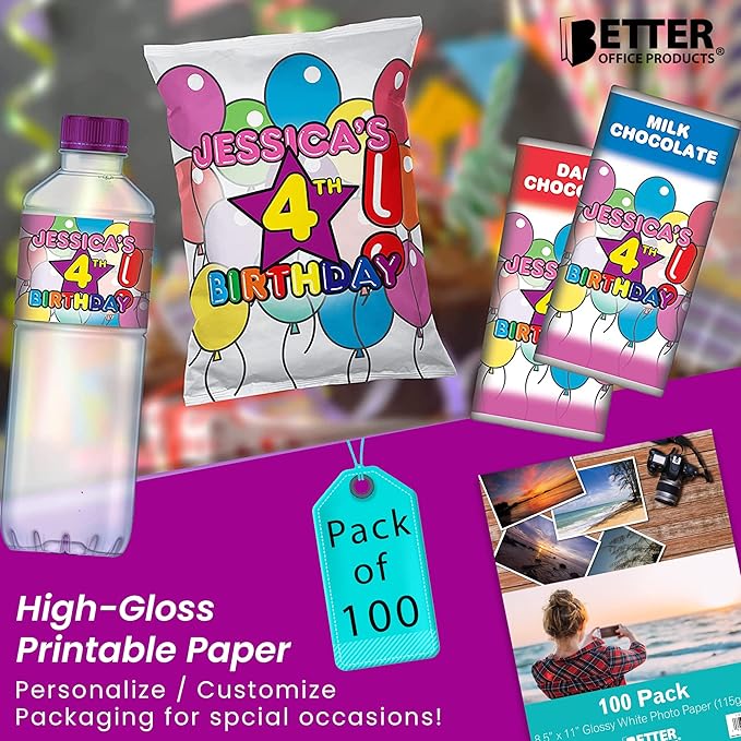 Better Office Products Thin Glossy Photo Paper, 100 Sheets, 8.5 x 11", 30 lb, 115gsm, Inkjet Photo Paper, for Brochure Printing, Custom Chip Bag Party Favors, Letter Size, 100-Count Pack