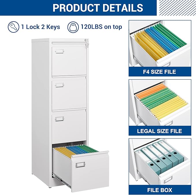 File Cabinets - 4 Drawers Vertical 17.8" Deep Lockable Filing Cabinet - White Metal Storage Cabinets for Home Office to Hanging Files Letter/Legal/F4/A4 Size