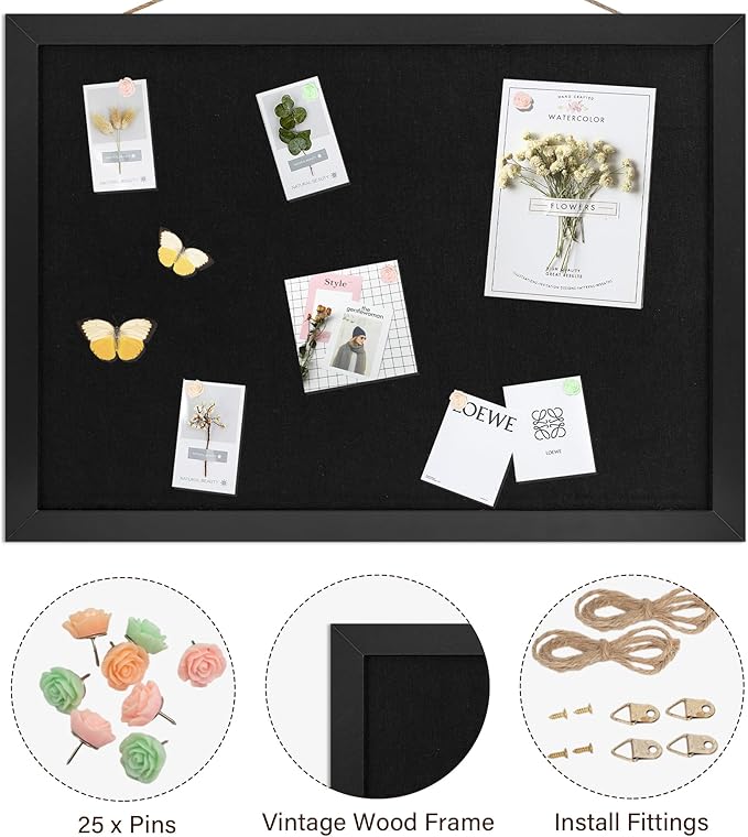 Black Cork Board Bulletin Board 16.7" x 11", 2-Pack Small Linen Corkboards with Frame for Walls, Cute Picture Display Pin Board Vision Board for Room School Office Bedroom 25 Pushpins