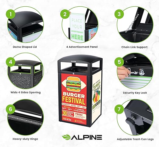 Alpine Outdoor Commercial Trash Can with Lid - 40 Gallon Heavy Duty Metal Garbage Can with Advertising Panels, Removable Bin, Locking Lid for a Modern Look in Pool, Park, Mall (Grey Stones)